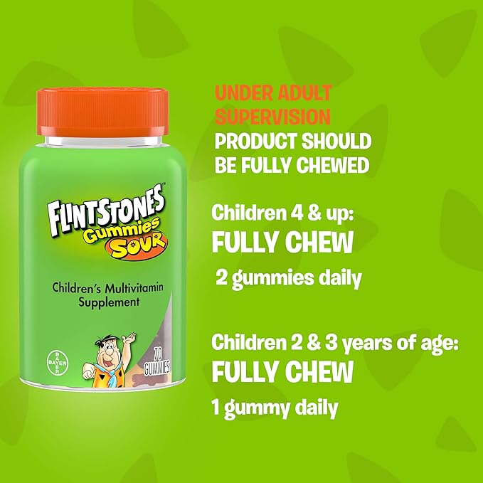 Flintstones Sour Gummies Kids Vitamins, Gummy Multivitamin for Kids with Vitamins A, B6, B12, C, D & more, 180ct (Pack of 2)