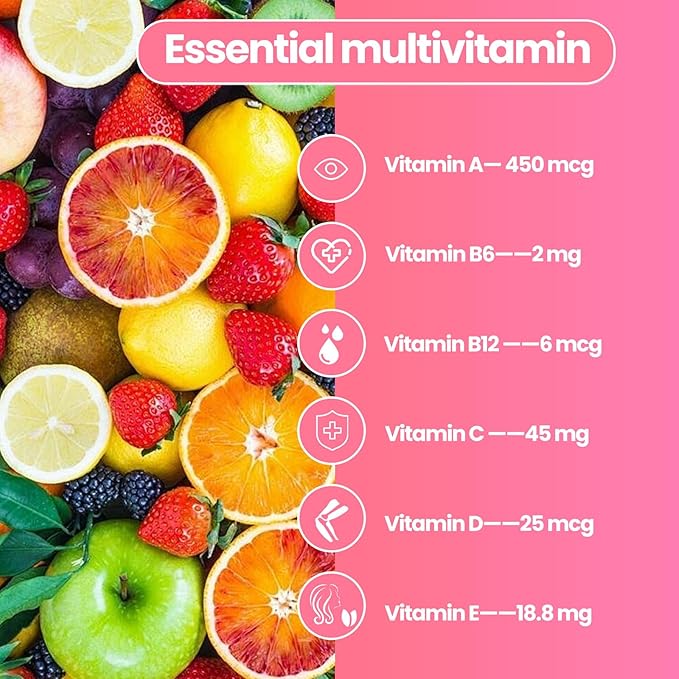 Women's Multivitamin Gummies Peach Flavor, Contains 6 Essential Vitamins (Vitamin A,B6,B12,C, D, E) and Multiple Mineral Values for Skin, Hair, Energy, Immune(60 Gummies) (60 Count)