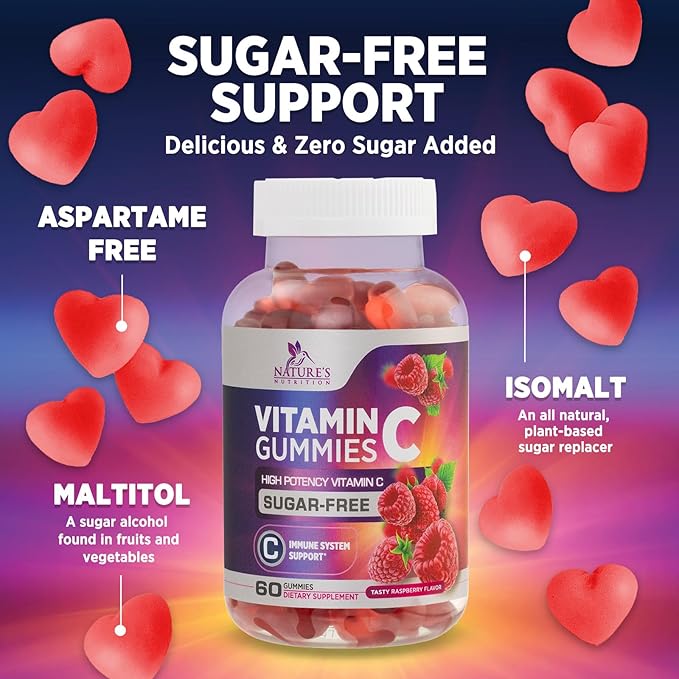Zero Sugar Vitamin C Gummies - Immune Support & Antioxidant Vitamin Dietary Supplement - Vegan, Non-GMO, Dairy & Gluten Free C Vitamin Gummy - Raspberry Flavor for Kids & Adults - 60 Count Gummies