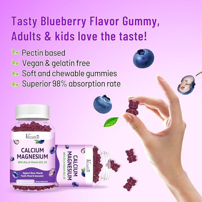 2 Pack Calcium Gummies with Magnesium, Zinc, Vitamin D3 & B12, Calcium Supplements for Women Men, Support Bone, Muscle and Immunity, 120 Vegan Blueberry Flavor Gummies