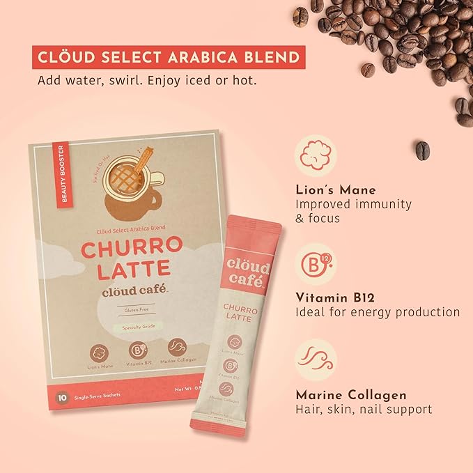 Collagen Infused Churro Latte Instant Coffee Packets - Vitamin B12, Marine Collagen, & Lions Mane Single Serve Instant Coffee (10 Sachets)
