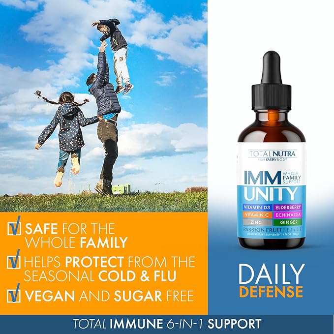 6-in-1 Liquid Multivitamin Supplement | 100% Daily Zinc, Vitamin D3 and Vitamin C Immunity Drops | Elderberry, Echinacea & Ginger Defense Support for Adults & Kids (Passion Fruit, 4oz-4pk)