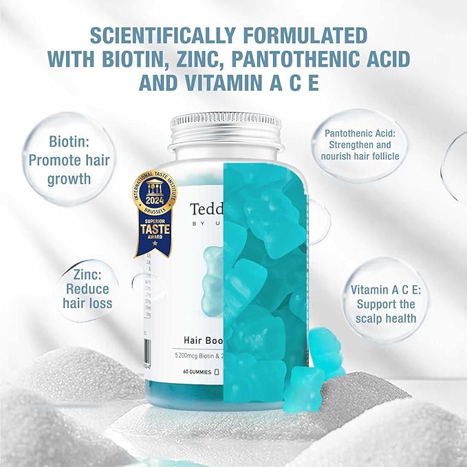 Unichi Hair Boost Gummy, 5200mcg Biotin Formulated with Zinc and Pantothenic Acid for Stronger and Thicker Hair, Great Tasting with Sea Salt & Green Grape Flavour, 60 Count