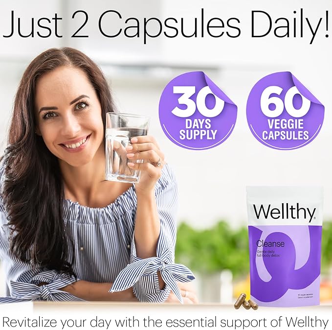 Wellthy Full Body Detox and Immune Support - Advanced Digestive Health, Gut Cleanse and Bloating Relief - All Natural Formula with Milk Thistle, Dandelion Extract and L-Carnitine | 30-Day Supply