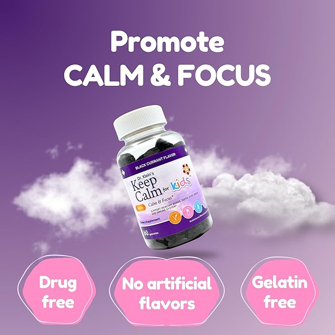 Dr. Klein's Keep Calm Kids Gummies L-Theanine & Chamomile Extract - Supports Focus, Attention, & Alertness of Kids Ages 5+ - Calming Chews Vitamins & Minerals for Kids - Black Currant Sugar-Free 60ct