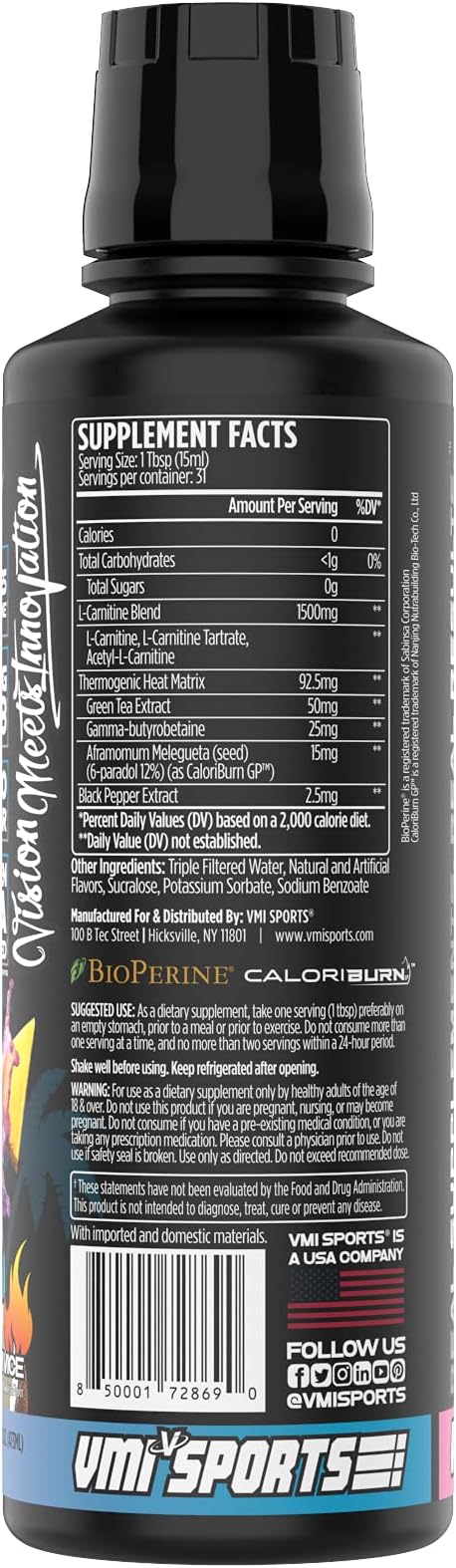 VMI Sports L-Carnitine 1500 Heat Stimulant Free Thermogenic Metabolic Support & Fat Loss for Men & Women | 1500mg L-Carnitine | Convenient Liquid (Miami Vice)