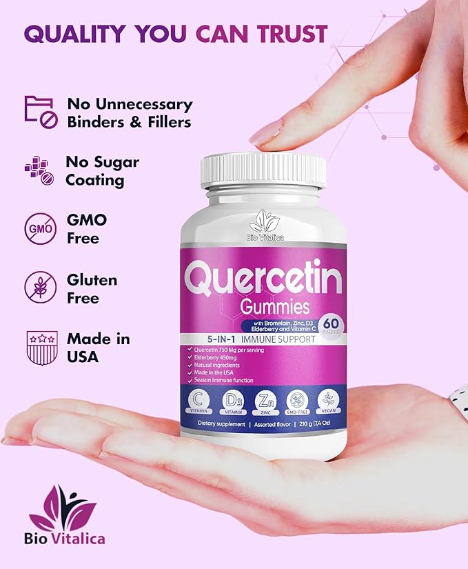 BIO VITALICA (3 Pack) Quercetin Gummies by BioVitalica - Quercetin with Bromelain Vitamin C and Zinc & Elderberry + Vitamin D3-5 in 1 Immune Support - Zinc Quercetin 750 mg for Kids and Adults