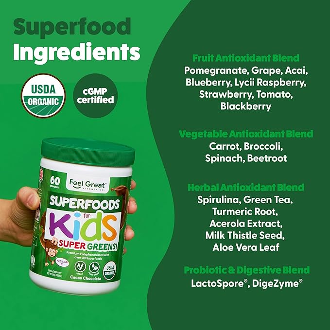 Feel Great USDA Organic Super Greens for Kids | Vegan Chocolate Greens Powder with Veggie Powder for Kids | Superfood Powder with Probiotics & Digestive Enzymes for Digestive Health | 2 Month Supply