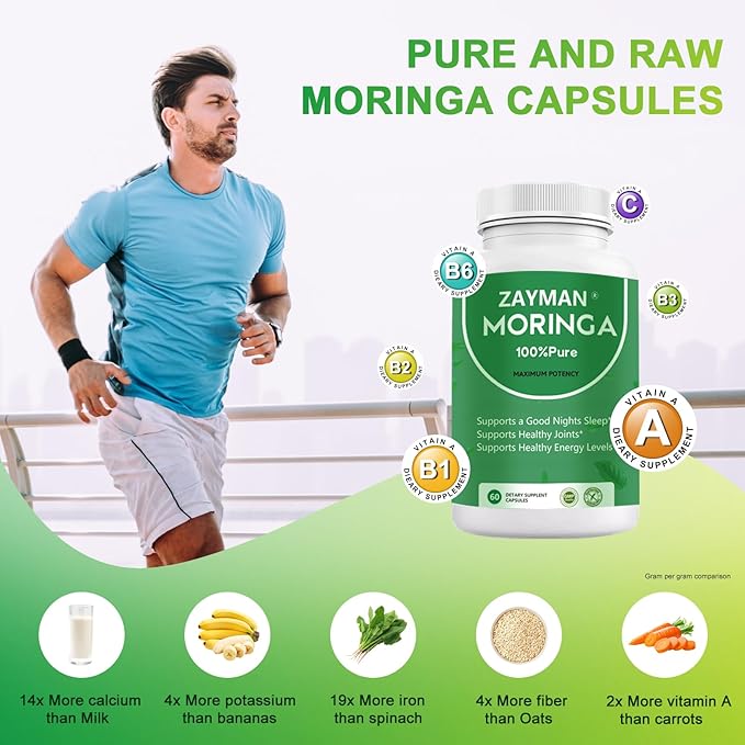 ZAYMAN Moringa Powder Capsules | 800mg of Pure Nutrient Rich Moringa Powder Moringa Supplement | 100% Pure & Natural Superfood, Vegan Greens, Multivitamin - Supports Energy, Skin Health, Gut Health