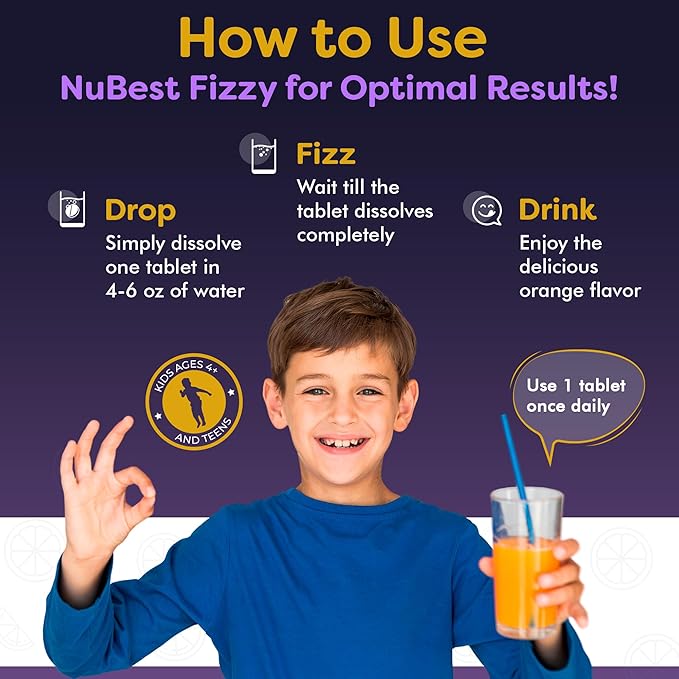 NuBest Tall Fizzy - Bone Strength, Immunity, Digestive Health for Kids & Teens | Probiotic, Calcium, Magnesium from Red Marine Algae, Vitamin D3, K2 & Zinc | 30 Orange Effervescent Tablets - Ages 4+