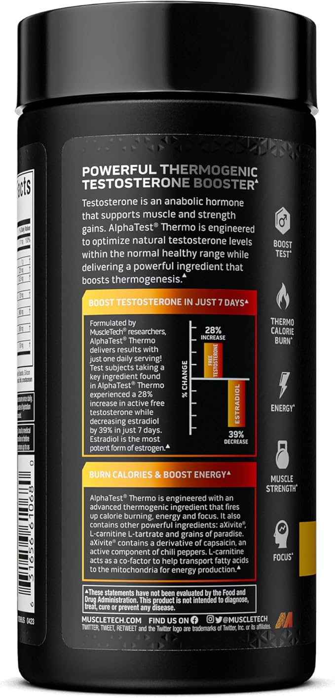 MuscleTech AlphaTest Thermo Thermogenic Testosterone Booster| Muscle Strength Builder for Men | Workout Supplement | 90 Capsules | 30 Servings
