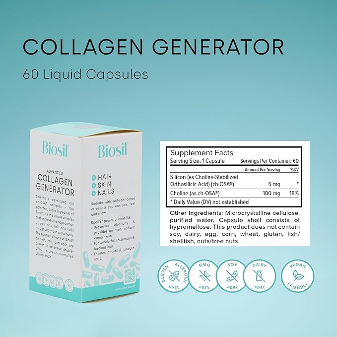 Biosil Collagen Generator - 60 Liquid Capsules - with Patented ch-OSA Complex - Generates & Protects Your Own Collagen - GMO Free - 30-Day Supply