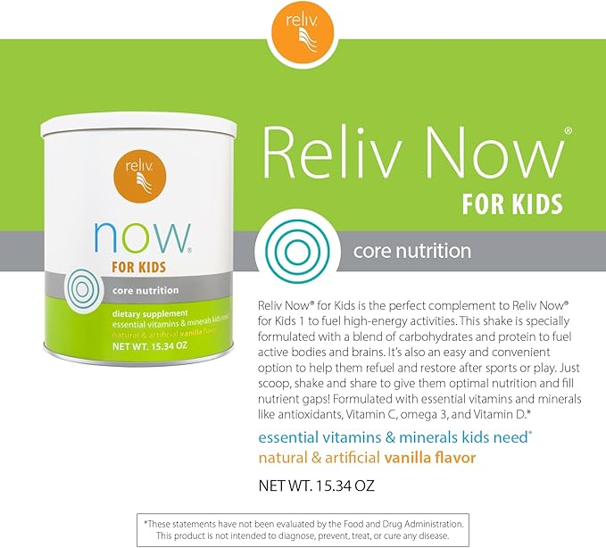 RELIV – Now for Kids – Nutritional Shake That Gives Kids Lasting Energy. Includes Essential Vitamins and Minerals with a Blend of Carbohydrates and Protein. 15 Servings – Vanilla