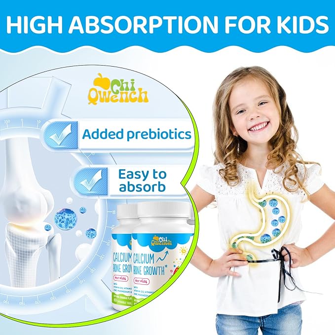 500 MG Calcium Supplement with Vitamin D3 & K2, Zinc, Magnesium & Prebiotics. Kids Vitamins for Kids' Height. Bone Strength, High Absorption, Orange Chewables, Non-GMO, Gluten Free, 60 Tabs