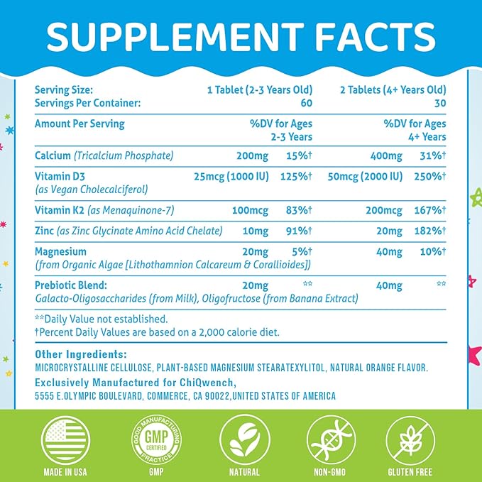 500 MG Calcium Supplement with Vitamin D3 & K2, Zinc, Magnesium & Prebiotics. Kids Vitamins for Kids' Height. Bone Strength, High Absorption, Orange Chewables, Non-GMO, Gluten Free, 60 Tabs