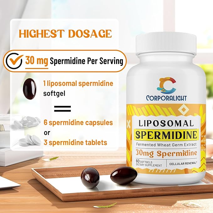 30mg Spermidine Supplement, Liposomal Spermidine, High Absorption, More Potent Than Spermidine 3HCL, Fermented Wheat Germ Extract, Spermidine for Women & Men, Cellular Renewal, Longevity, 120 Softgels