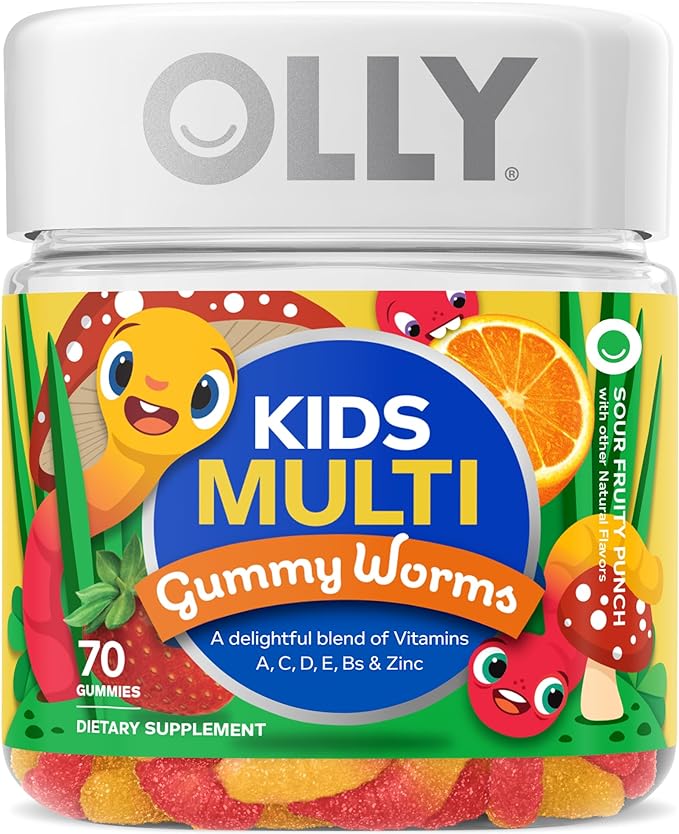 OLLY Kids Sleep Gummy, Melatonin, L Theanine, Chamomile, 60 Count and Kids Multivitamin Gummy Worms, Vitamins A C D E Bs Zinc, 70 Count