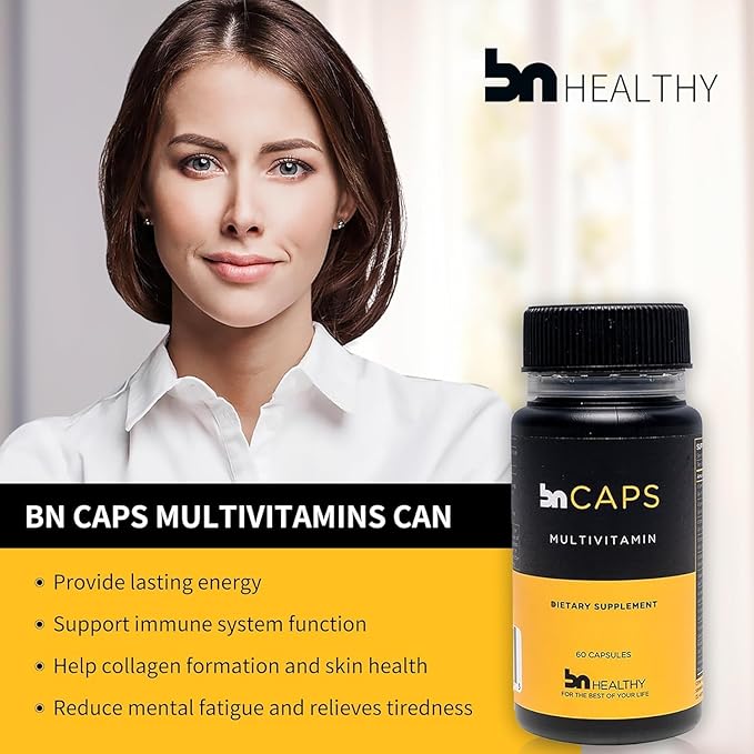BN Caps - Multivitamin Capsule with 22 Essential Nutrients: Vitamins A, B-6, B-12, C, D3, E, K, Biotin, Iron & Zinc, Supports Men & Women Overall Health, 120 Capsules, 120 Days Supply (2 Pack)