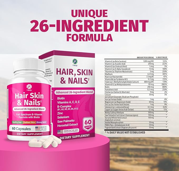 1 Body Hair Skin and Nails Vitamins with Biotin – Contains 26 Vitamins, Minerals and Herb Extracts – Hair and Nail Growth, Glowing Skin Supplements Formula for Men and Women – 60 Vegan Capsules