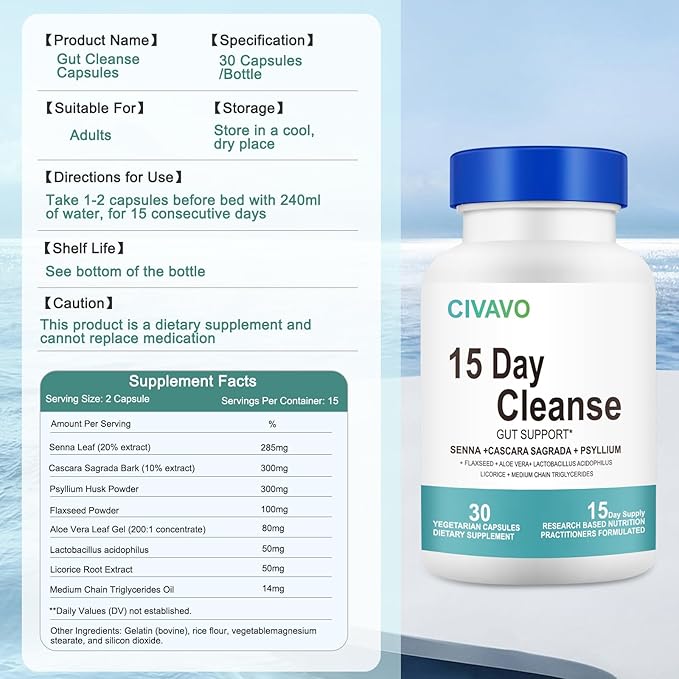 15 Day Gut Cleanse for Women & Men- Gut and Colon Support- Probiotics& Psyllium Husk Cleanse Bowel Dissolving Capsules, Dietary Supplement (30 Capsules)