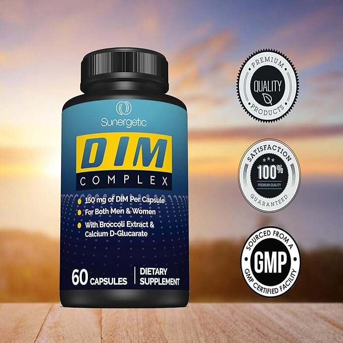 Sunergetic Premium DIM Supplement– 150mg DIM (diindolylmethane), Broccoli, Calcium D-Glucarate & Bioperine- DIM Capsules for Men & Women–DIM Complex for Menopause Support & Balance - 60 DIM Capsules