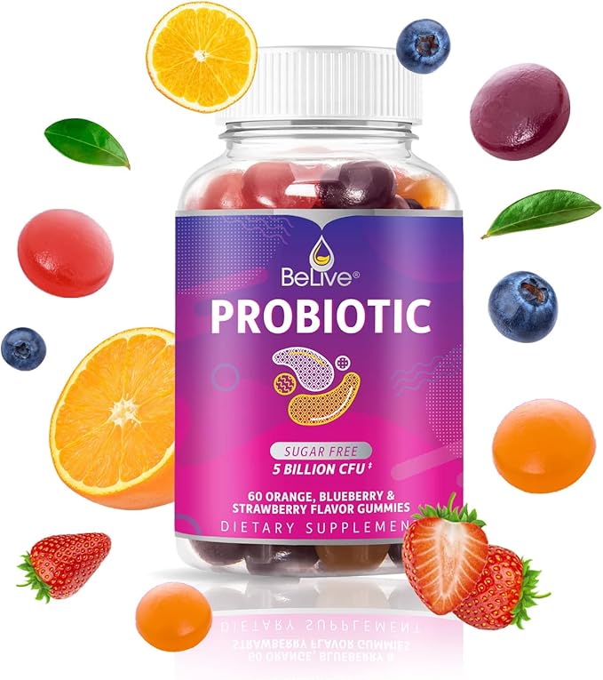 BeLive Probiotic Gummies - Probiotics with 5 Billion CFUs for Digestive Health, Men, Women & Kids Probiotic Supplements for Immune Support, Sugar Free & Vegan – Blueberry, Strawberry & Orange | 2-Pack
