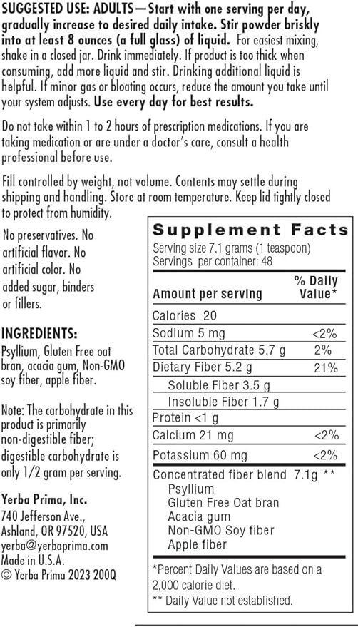 Yerba Prima Daily Fiber Formula Powder - 12 oz (Pack of 4) - Soluble & Insoluble Dietary Fiber Supplement - Gut Health - Vegan, Non-GMO, Gluten-Free