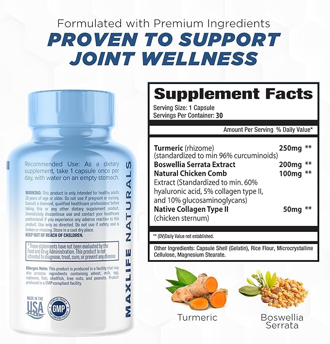 Advanced Joint Support Supplement for Men & Women - Joint Health Supplement - Flexibility & Strength - Discomfort Relief - 30 Servings with Type II Collagen, Turmeric Curcumin, Boswellia Serrata (30)