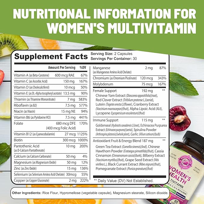 Womens Daily Multivitamin Multimineral Supplement for Energy, Mood, Focus, Hair, Skin & Nails. Made for Women with 30+ Nutrients, Fruit & Energy Blend. Womens Vitamins 60 Capsules