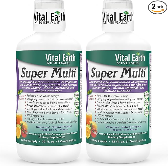 Vital Earth Minerals Super Multi 2-Pack – Liquid Multivitamins for Women, Men & Kids, Liquid Vitamins with Fulvic Acid for Better Absorption, MTHFR Support, 32 Oz Ea + 1 Oz Cup