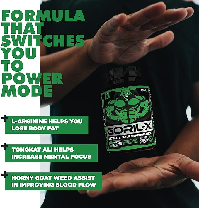 GORIL-X Testosterone Booster for Men - Workout Testosterone Supplement - Increase Size, Strength & Energy - 1000mg Male Enhancing Horny Goat Weed - Maca Root, Tongkat Ali & Tribulus Terrestris 60 Caps