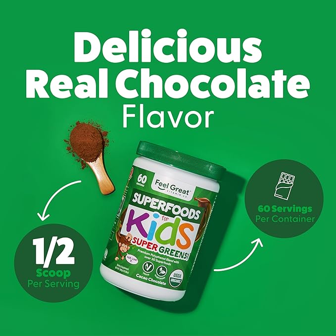 Feel Great USDA Organic Super Greens for Kids | Vegan Chocolate Greens Powder with Veggie Powder for Kids | Superfood Powder with Probiotics & Digestive Enzymes for Digestive Health | 2 Month Supply