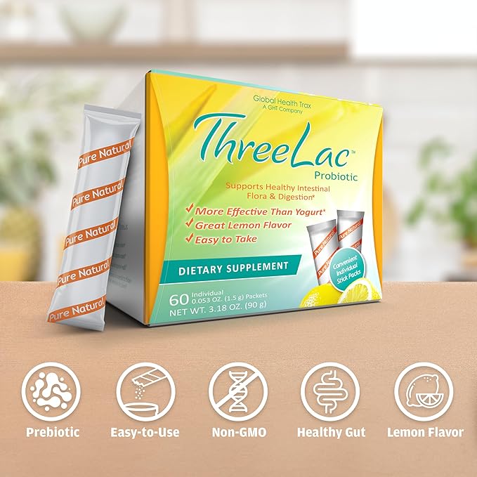 ThreeLac Lemon Probiotic Drink Mix for Digestive Health - Advanced Probiotic Powder Formula for Men, Women, and Kids - Immune Support & Gut Balance, Non-GMO - 120 Packets