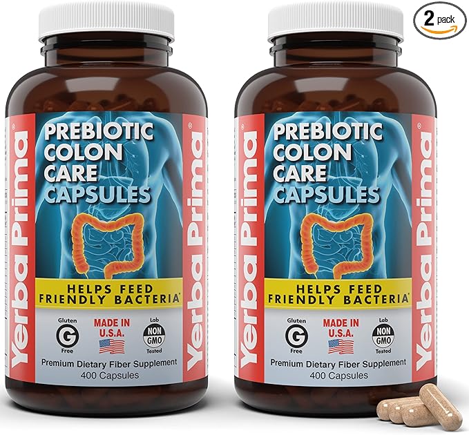 Yerba Prima Prebiotic Colon Care Capsules, 400 Caps (Pack of 2) - Five Forms of Dietary Fiber Supplement - Healthy Soluble & Insoluble Fibers for Regularity & Digestive Support