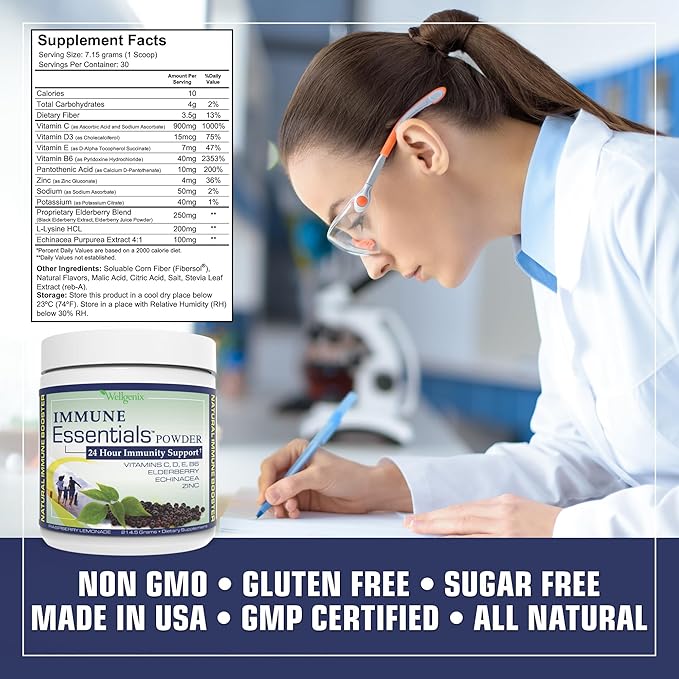 Wellgenix Immune Essentials - Multivitamin Powder for Men, Women & Kids - Vegan Supplement with Vitamins C, D Elderberry Zinc, Echinacea for Toddler, Kid & Adult - 7.57g (Raspberry Lemonade)