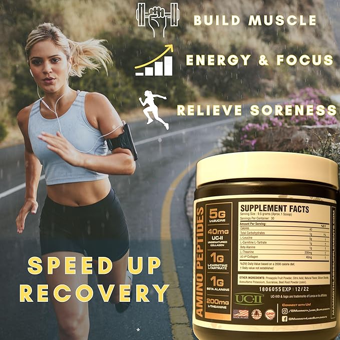 BCAA Intra & Post Workout, Muscle Recovery Drink- Sugar Free & Caffeine Free-7g Amino Acdis, Collagen Powder, Leucine, Beta Alanine, Carnitine
