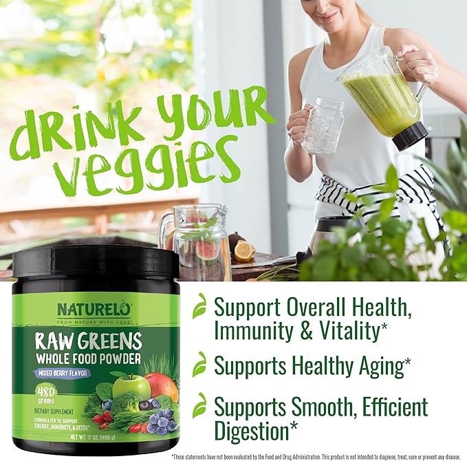 NATURELO Raw Greens Superfood Powder - Mixed Berry Flavor - Boost Energy, Detox, Enhance Health - Organic Spirulina - Wheat Grass - Whole Food Nutrition from Fruits & Vegetables - 480 Grams