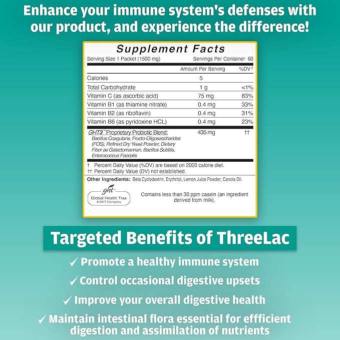 ThreeLac Lemon Probiotic Drink Mix for Digestive Health - Advanced Probiotic Powder Formula for Men, Women, and Kids - Immune Support & Gut Balance, Non-GMO - 120 Packets