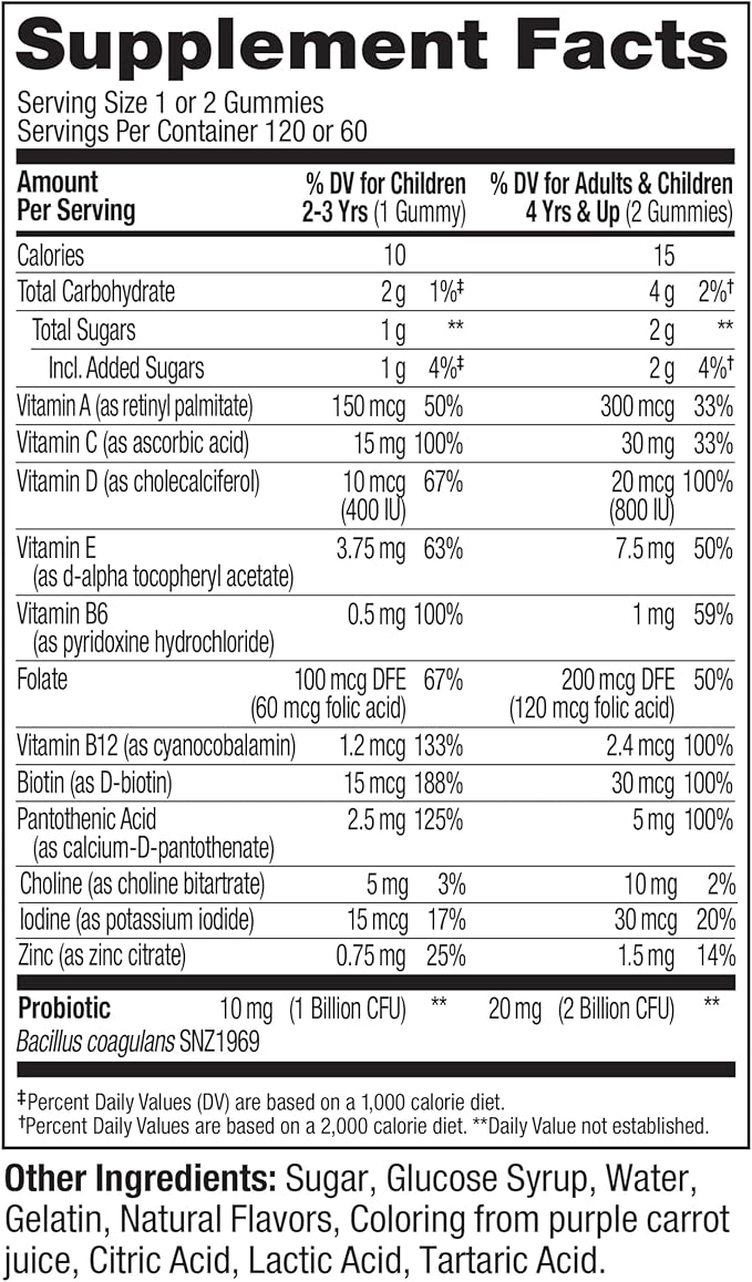 OLLY Kids Multivitamin & Probiotic Gummy, Digestive Support, Vitamins A, D, C, E, B, Zinc, Chewable Supplement, Berry Flavor, 60 day supply - 120 Count