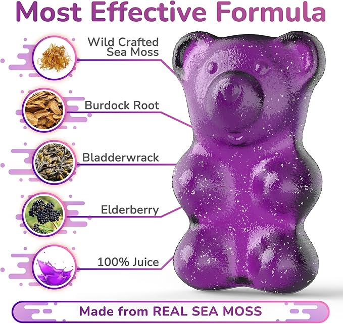 Natural Sea Moss Gummies with Elderberry for Adults & Kids, Contains Irish Sea Moss, Elderberry Extract, Burdock Root, Bladderwrack, 60 pcs Gel Gummies for Immune Support, Energy, Pack of 2