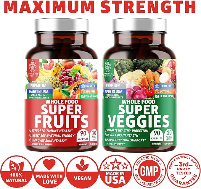 4-Pack N1N Premium Super Fruits & Veggies Supplement, 360 Caps, Whole Food & Natural Superfood for Women, Men & Kids - Packed with Aloe Vera, Vitamins & Minerals, Better Than Multivitamins,100% Vegan