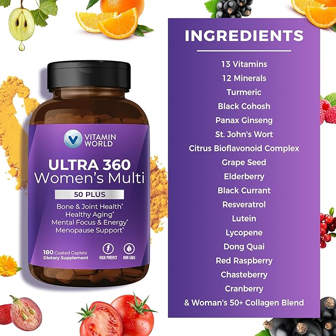 Vitamin World Ultra 360 Multivitamin for Women 50 Plus, Women's 50+ Multivitamin with Minerals & Herbs for Menopause Support, Supplement with Vitamin B, D, E & Zinc for Healthy Aging, 180 Caplets