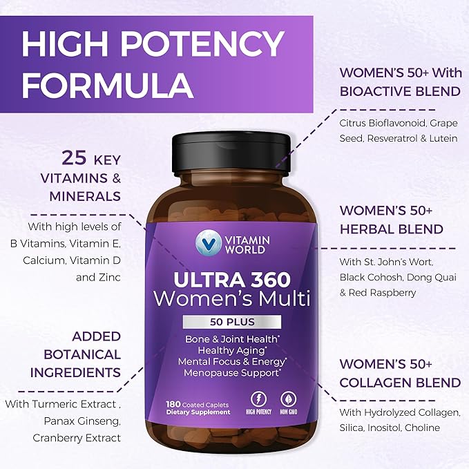 Vitamin World Ultra 360 Multivitamin for Women 50 Plus, Women's 50+ Multivitamin with Minerals & Herbs for Menopause Support, Supplement with Vitamin B, D, E & Zinc for Healthy Aging, 180 Caplets