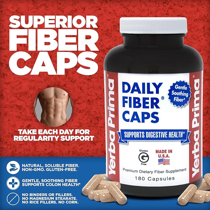 Yerba Prima Daily Fiber Formula - 180 caps (Pack of 2) - Soluble & Insoluble Dietary Fiber Supplement - Colon Cleanse - Gut Health - Vegan, Non-GMO, Gluten-Free