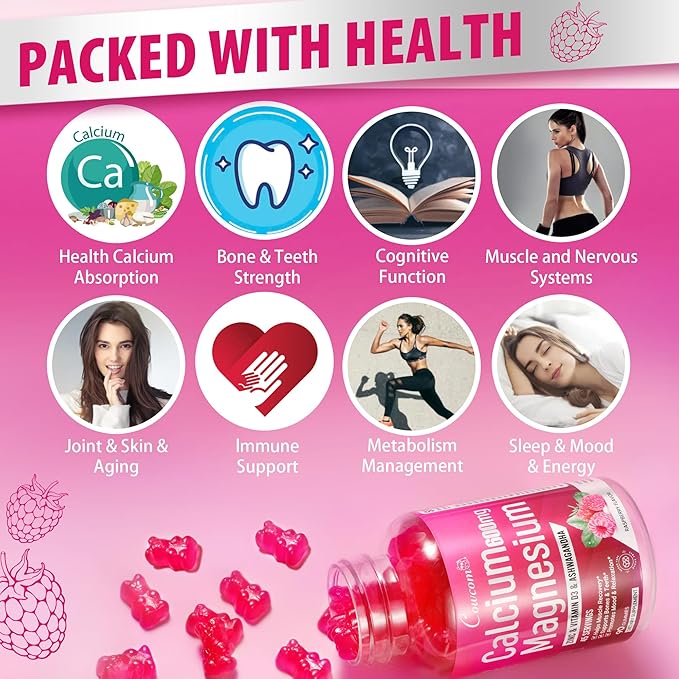 Calcium Magnesium Zinc Gummies Sugar-Free with Vitamin D3 B6 B12,High Absorption Calcium Magnesium Supplement,Bone, Muscles,Calm Mood,Sleep Support for Kids adults,90 Count Vegan Raspberry Flavor
