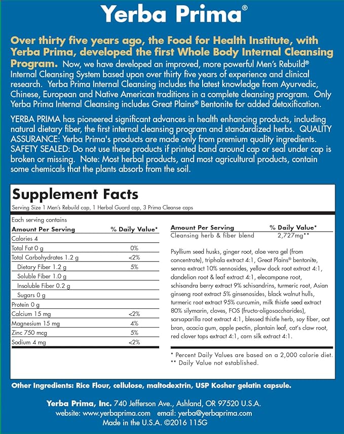 Yerba Prima Cleanse Men Rebuild Kit - 30 Day Internal Cleansing Supplements Designed for Males - Prostate & Colon Health - Kidney & Liver - Natural Herbal Psyllium Fiber, Aloe Vera, Milk Thistle Seed