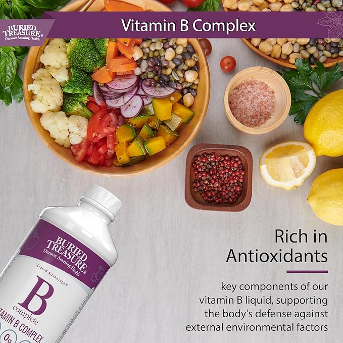 Buried Treasure B Complete - 16 Fl oz, All 8 B Vitamins with Methylated B12 & Methylfolate, Biotin, B1, B2, B6, Antioxidant Support, Liquid & Sugar-Free, B complex vitamins for Women & Men.