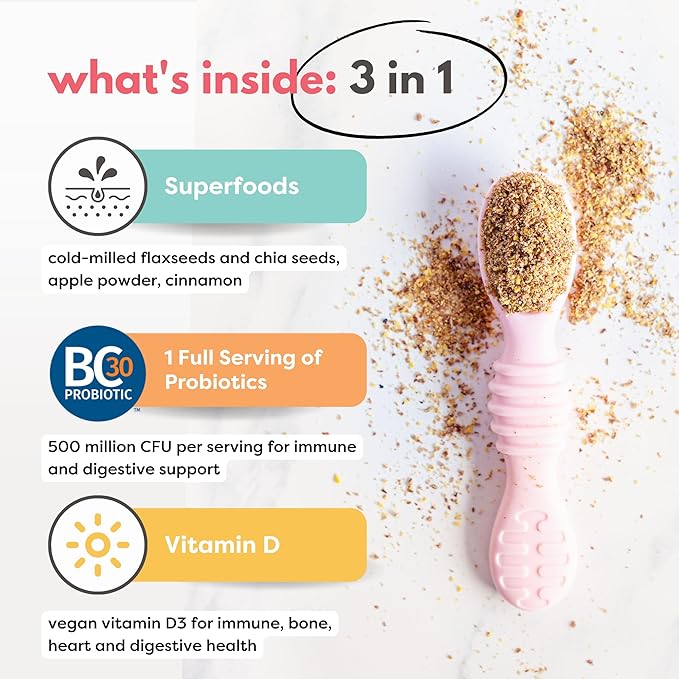 Organic Milled Chia & Flax Seed Digestion Blend with Vitamin D + PROBIOTICS Prebiotic Fiber Superseeds for 6M+ Babies Toddlers & Kids for Digestive Support (Apple & Cinnamon, 7oz x 1 Pack)