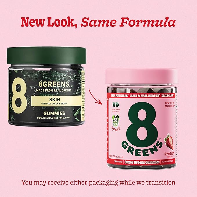 8Greens Supergreens Beauty Gummies with Collagen & Biotin | Super Greens Powder Superfood Gummy for Healthy Skin, Hair, Nails, Glow, and Firmness, Superfood Booster, Strawberry Flavored, 200 Count