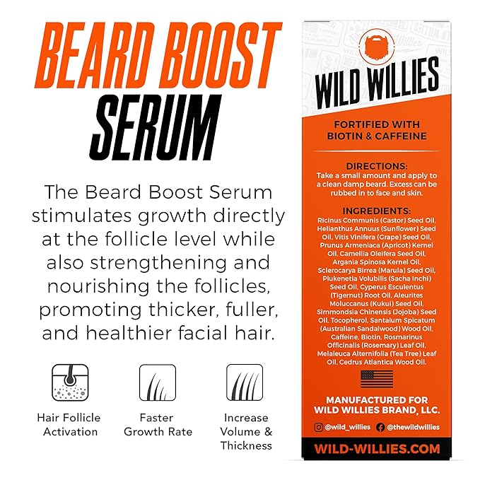 Wild Willies Beard Growth Serum - Natural Enhancer with Biotin, Caffeine & Essential Oils for Fuller, Thicker Facial Hair - Nourishing Daily Grooming